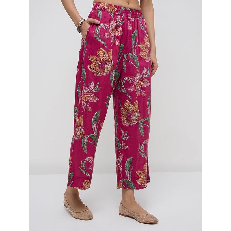 Utsa Magenta Floral Design High-Rise Ethnic Pants