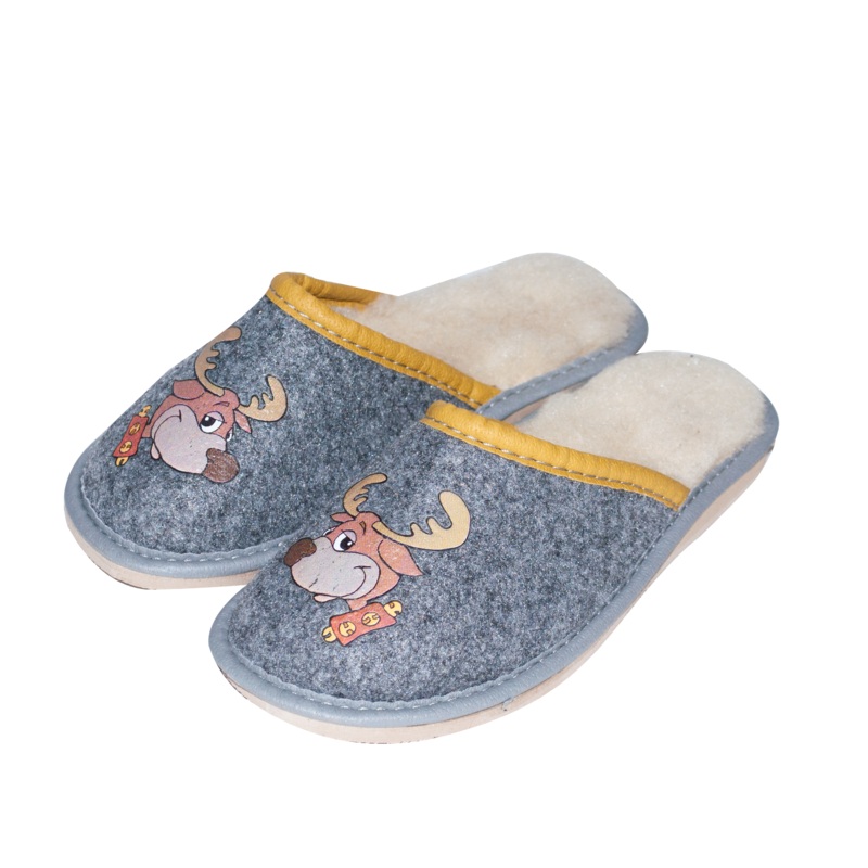 Boy’s Gray Printed Leather Insulated Slippers | WU-323