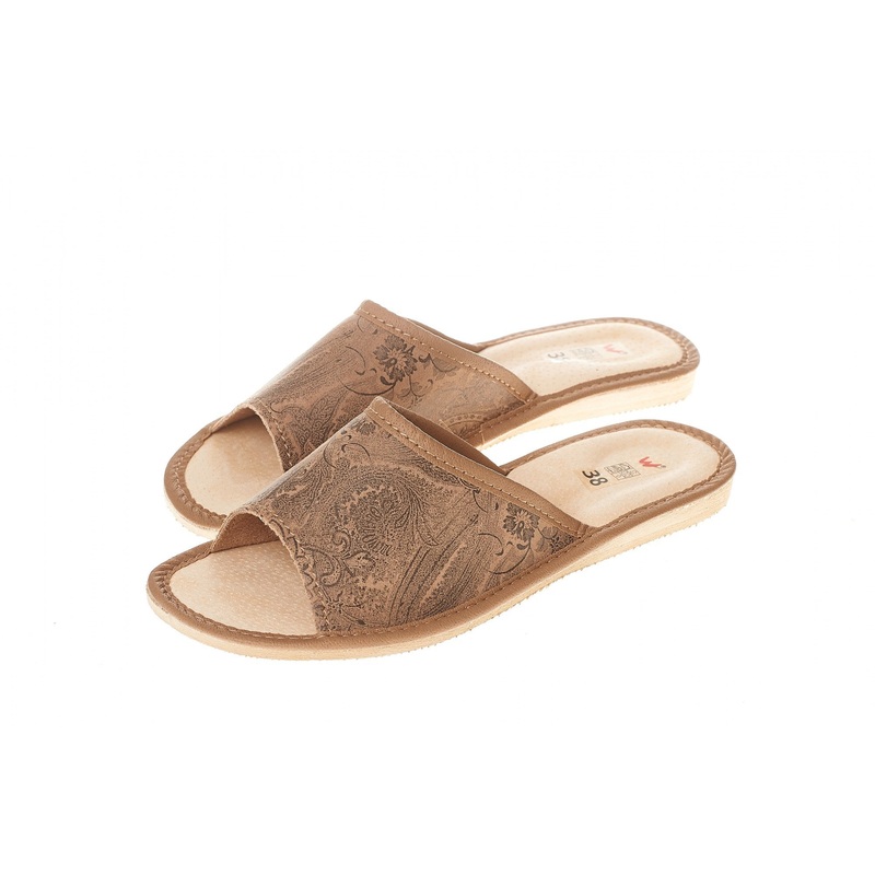 Women’s Brown Patterned Leather Open Toe Slippers | WU-92