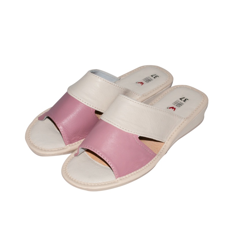 Women’s White and Pink Leather Open Toe Slippers | WU-14