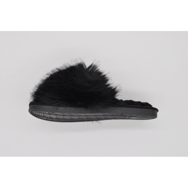 Womens Open Toe Black Slippers with Fluffy Cuff | 36P-BL