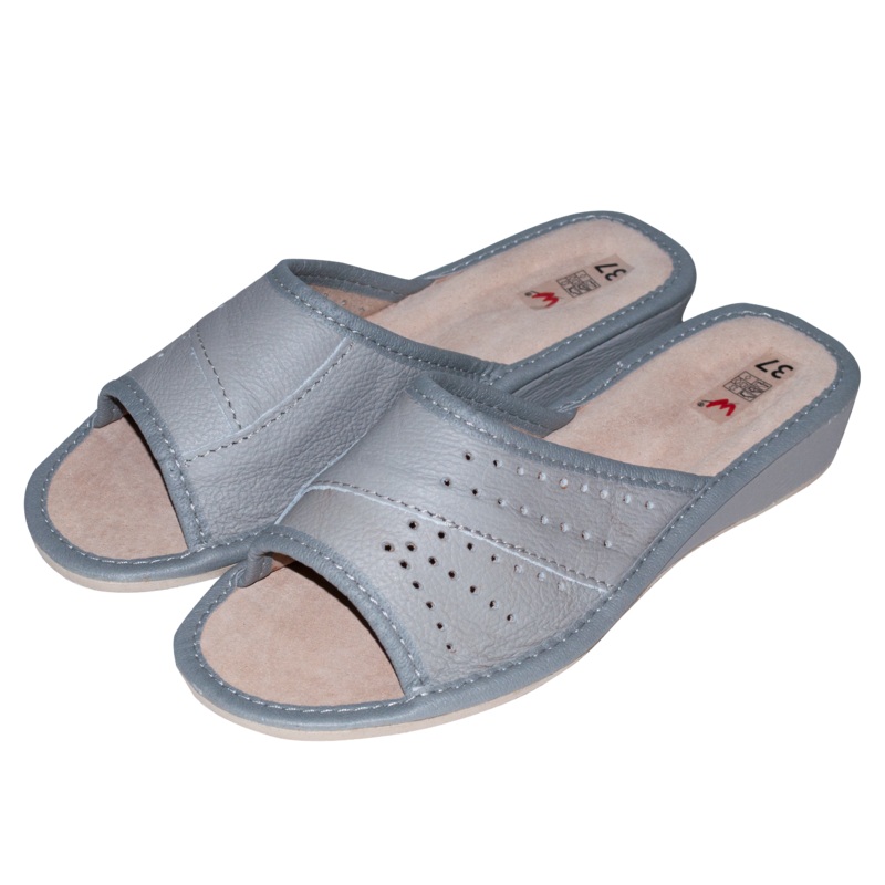 Women’s Gray Leather Open Toe Slippers | WU-139