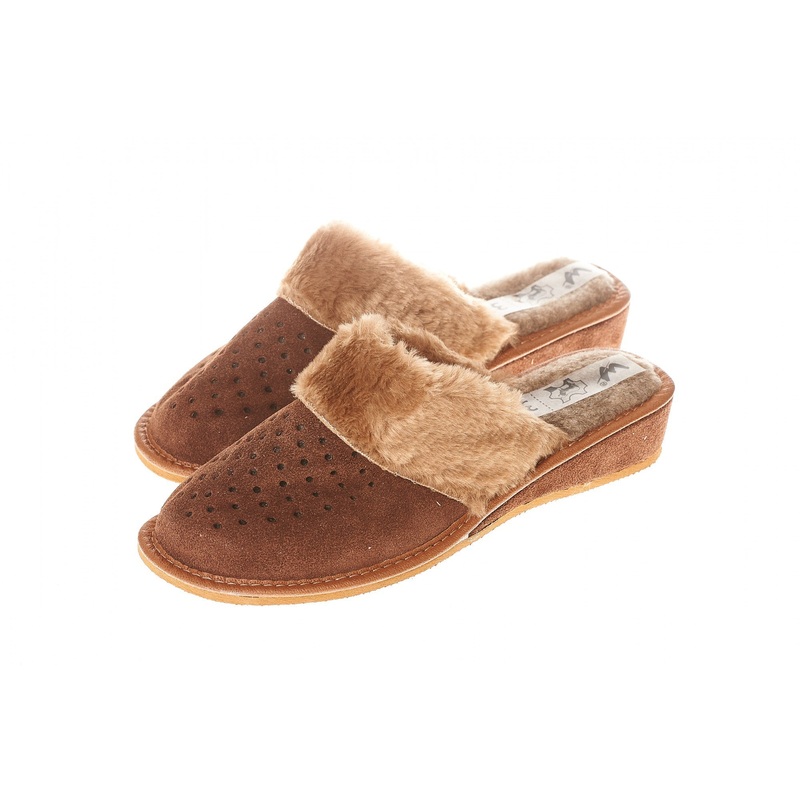 Women’s Brown Leather Insulated Wedge Slippers with Fluffy Cuff | WU-209