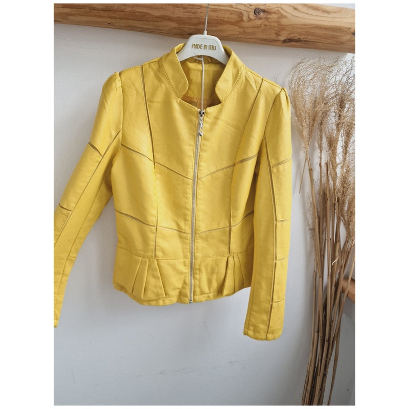 Yellow Eco-leather Jacket with Stand-Up Collar | AW111-Y