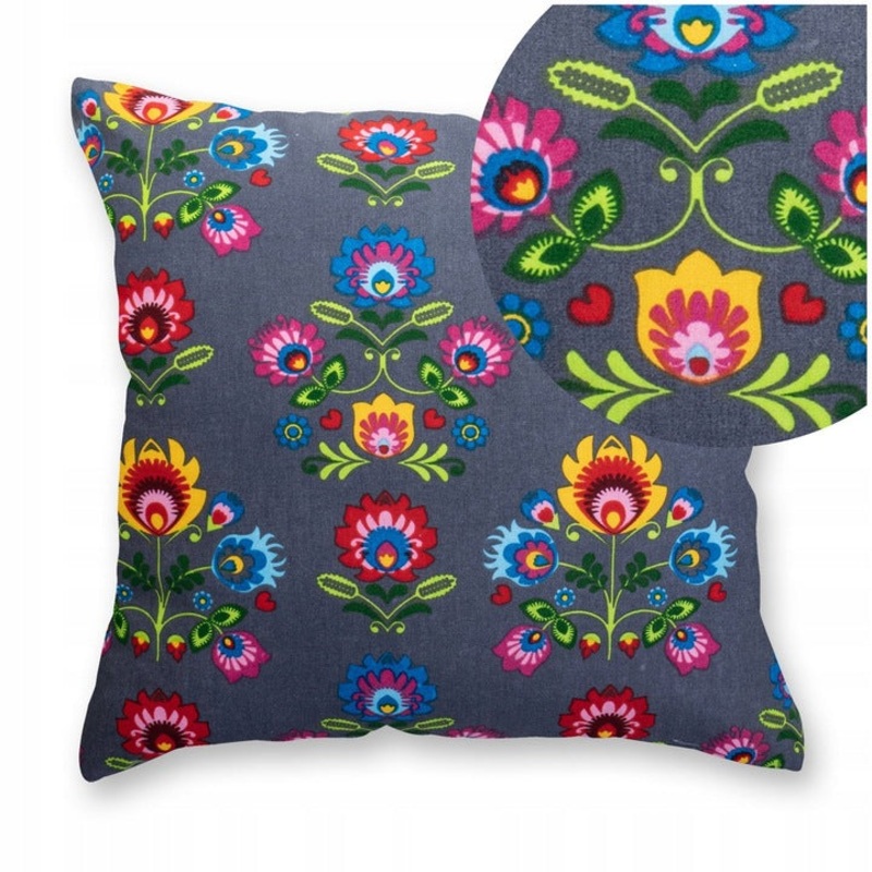 100% Cotton Gray Pillowcase with Folk Lowicz Pattern – Poszewka na Poduszk Jasiek | BL-138