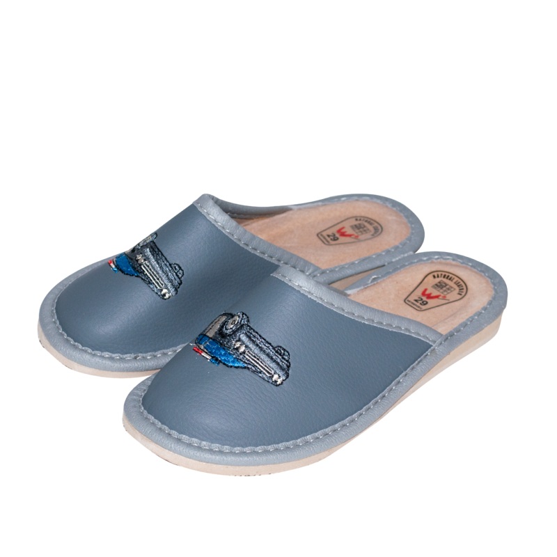 Boy’s Gray Leather Slippers with Police Car Print | WU-319