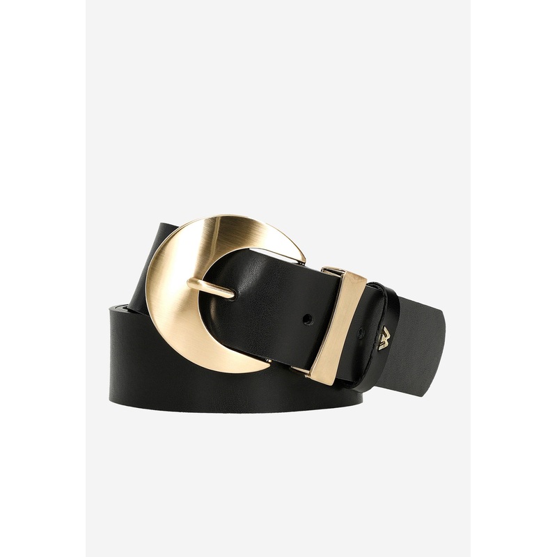 Wojas Women’s Black Leather Belt with Golden Buckle | 9308951