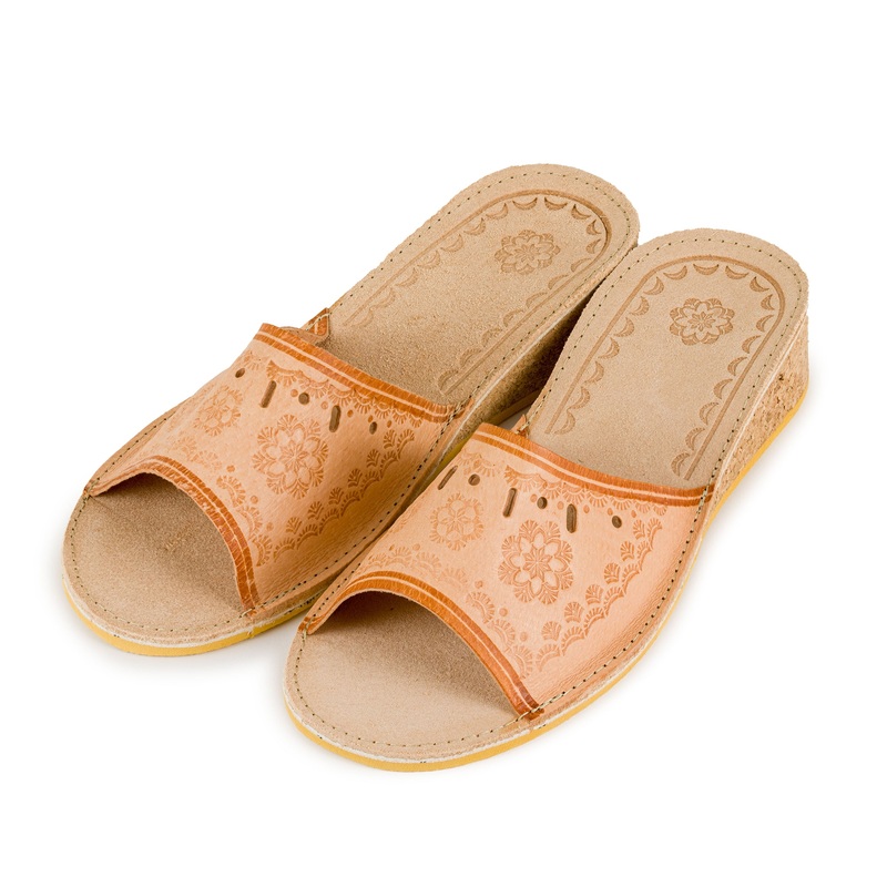 Women’s Beige Wedge Leather Open Toe Slippers  | K-1149B