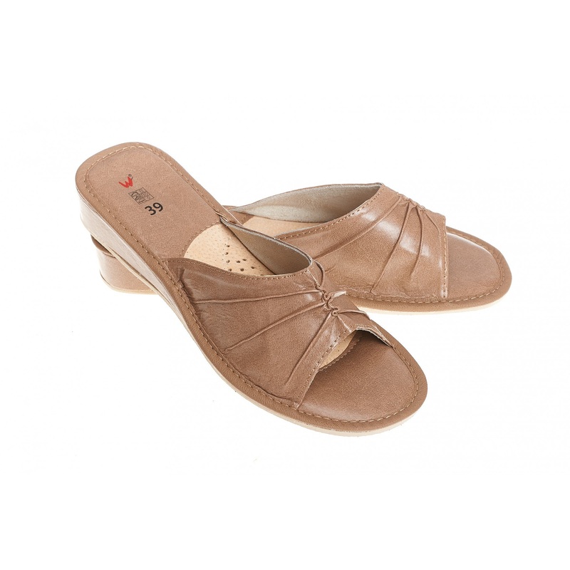 Women’s Brown Leather Open Toe Slippers | WU-26
