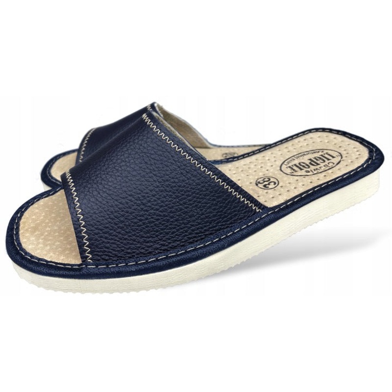 Women’s Dark Blue Leather Open Toe Slippers | K-289