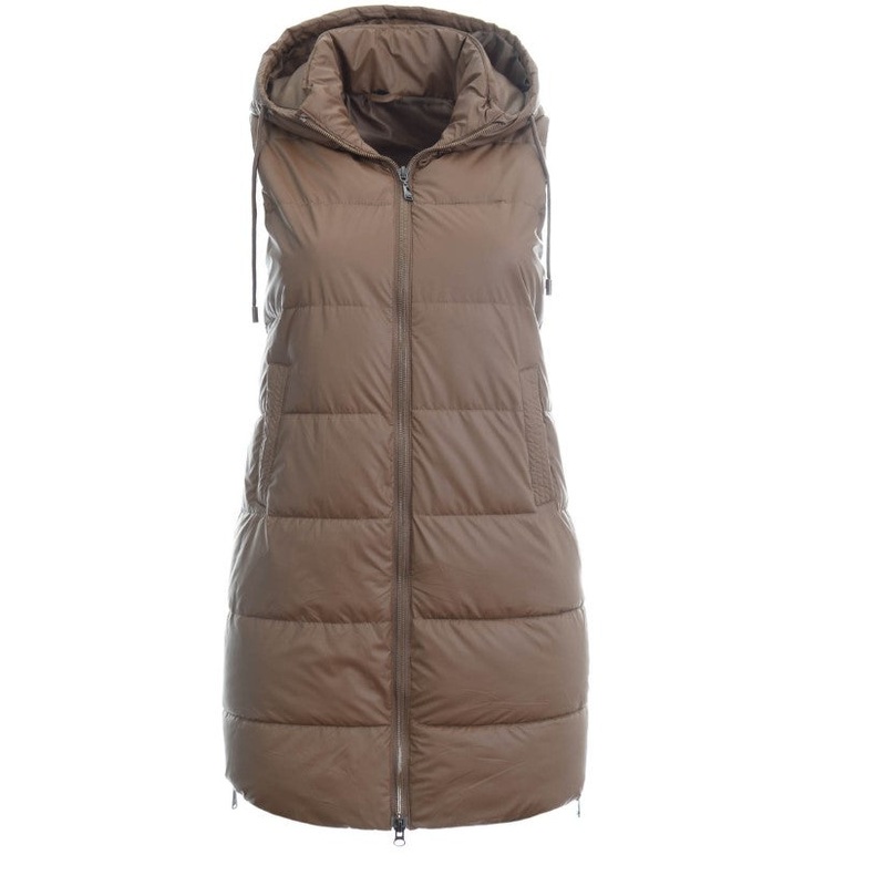 Women’s Brown Hooded Quilted Vest with Zippers | VEST-BR