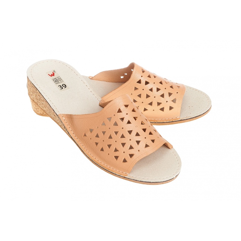 Women’s Natural Leather Open Toe Slippers | WU-111