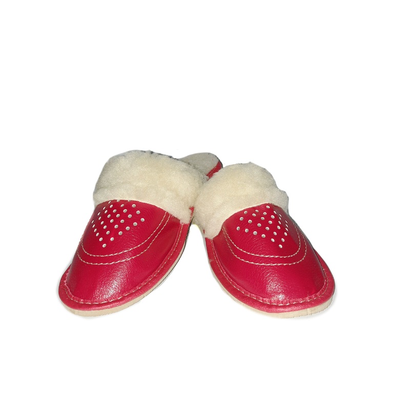 Women’s Red Leather Slippers with Cream Fluffy Cuff | K-235
