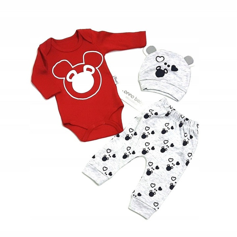 3 in 1 Red Bodysuit and Gray Beanie and Pants Set | Z-003