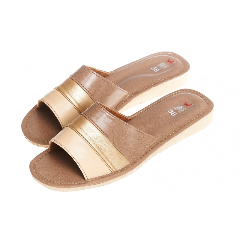 Women’s Brown and Golden Leather Open Toe Slippers | WU-42