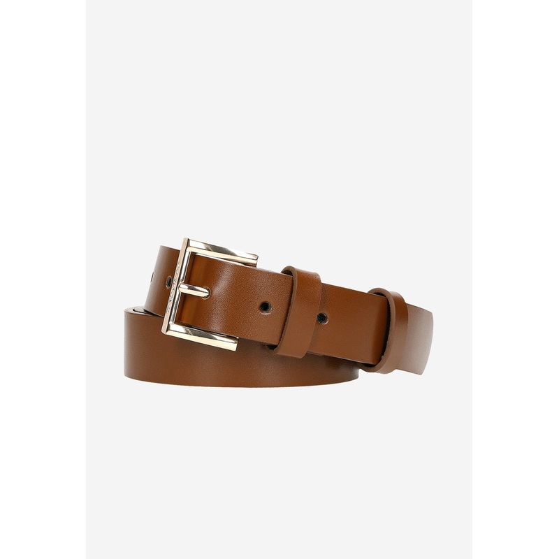 Wojas Women’s Brown Leather Belt With Square Golden Buckle  | 9308452