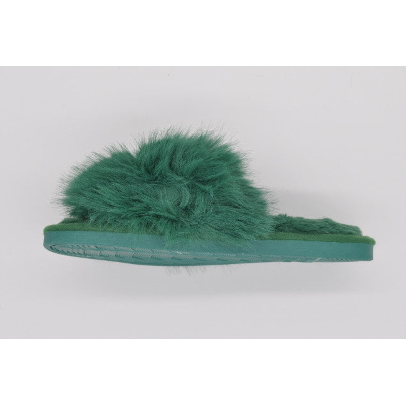 Womens Open Toe Green Slippers with Fluffy Cuff | 36P-GR