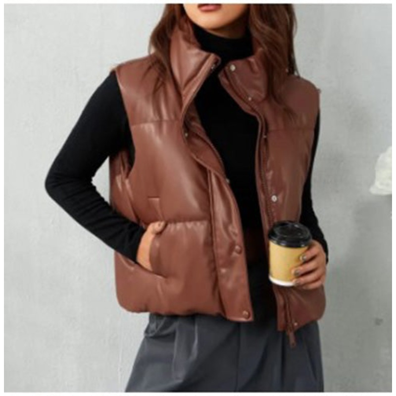 Womens’ Brown Faux Leather Quilted Vest | 21211