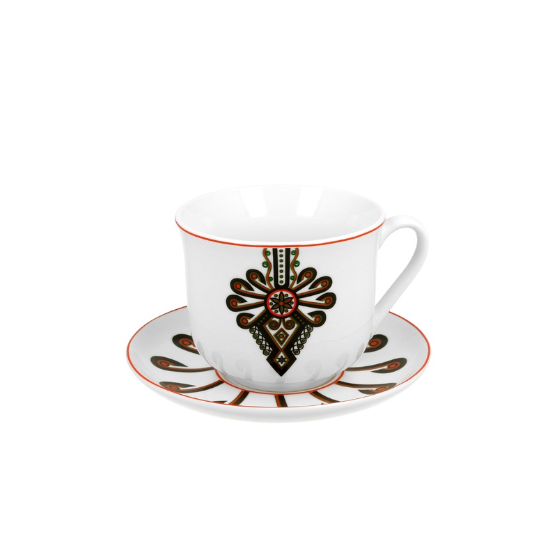 XL White Porcelain Cup with Saucer and Folk Pattern – PARZENICA 470 ml | 31447