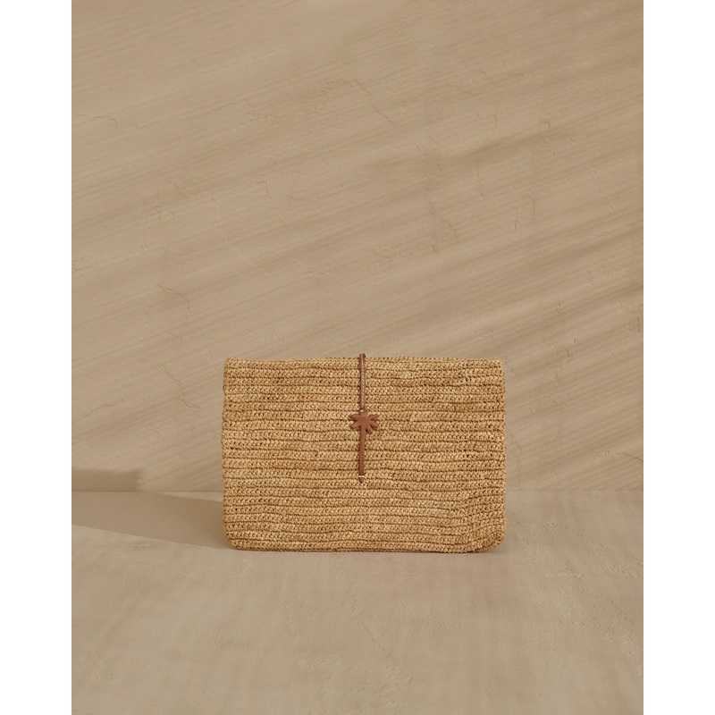 Raffia Clutch Leather Palm Tan