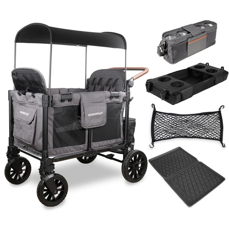 WonderFold W4 Luxe Pro (4 Seater) Stroller Wagon + Essentials Bundle – Charcoal Gray