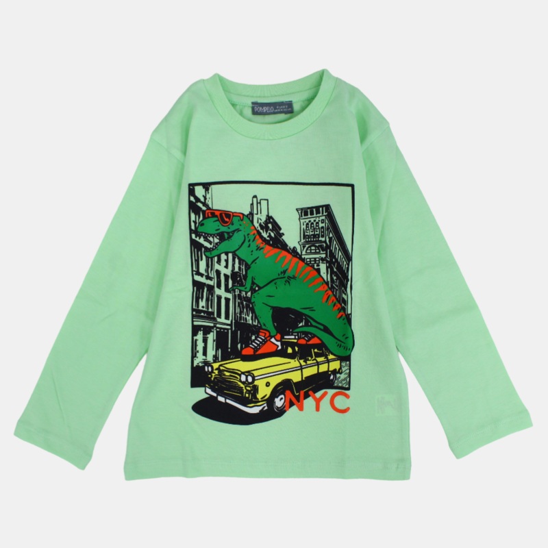 Boys Cotton Long-Sleeved T-Shirt  Lemon Green Dino Print