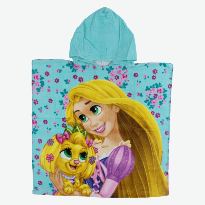 Girls Poncho Beach Towel with Hoodie -Aqua with Rapunzel Print