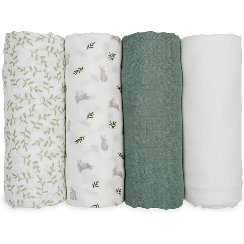 Lulujo Bamboo Muslin Swaddle Blankets 4-Pack, Fern and Bunnies