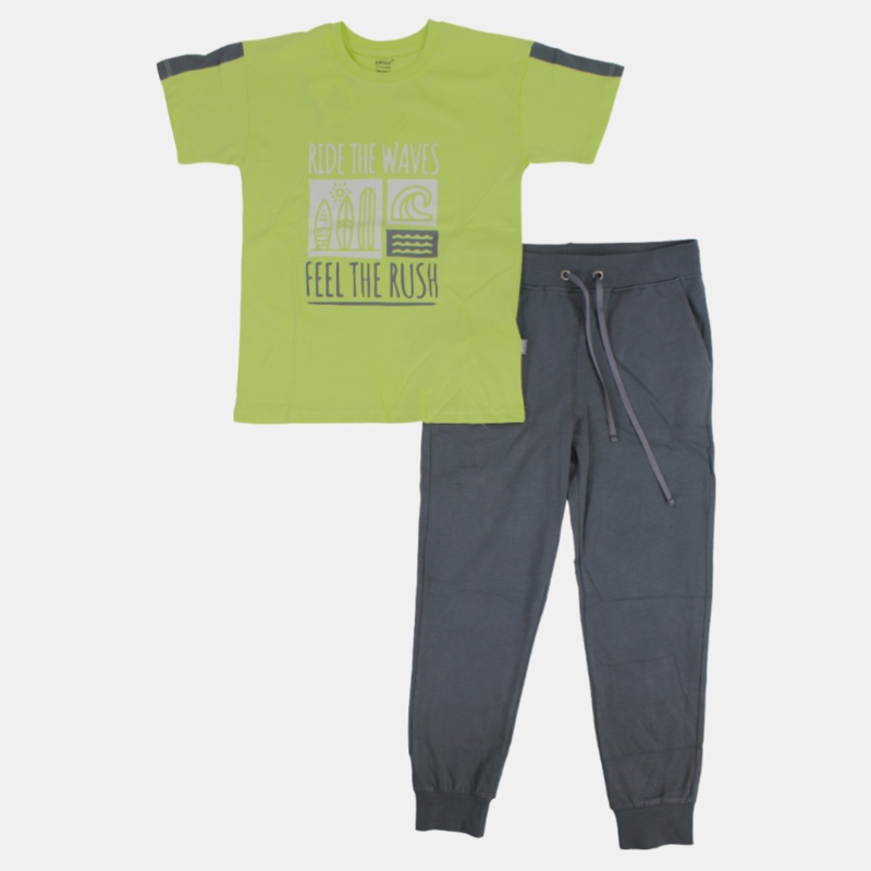 Boys Short-Sleeved Cotton Pajama Set  Lemon Green/Grey (Ride the Waves Theme)