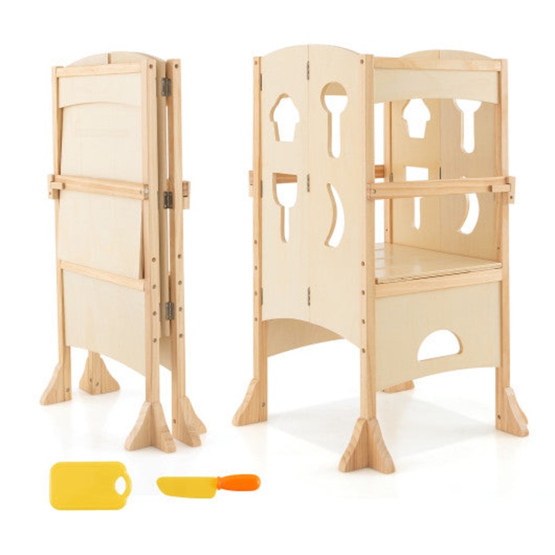 Folding Wooden Step Stool With Lockable Safety Rail for Toddler 3+-Natural