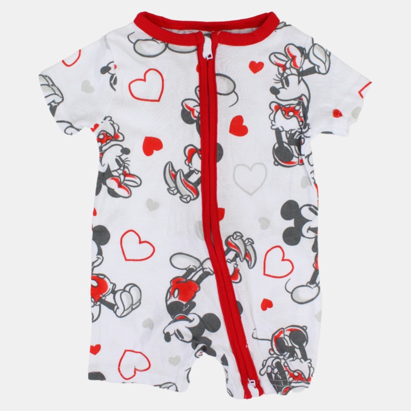 Baby Girls Cotton Romper  White with Minnie Mouse Print and Zipper Detail