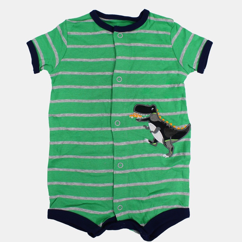 Baby Boys Cotton Romper  Green Striped with Dinosaur Print