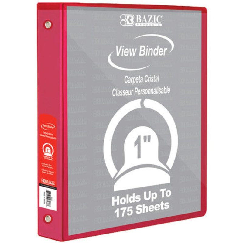 BAZIC 3-Ring View Binder with 2 Pockets, 1″, Red