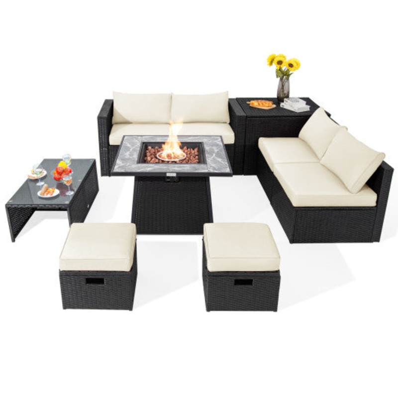 9 Pieces Outdoor Wicker Sectional With 35 Inch Gas Fire Pit Table-White