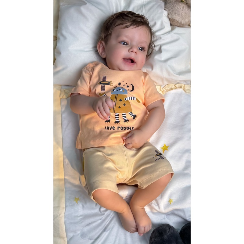 Baby Boys Cotton Pajama Set  Salmon “Love Robots” Print