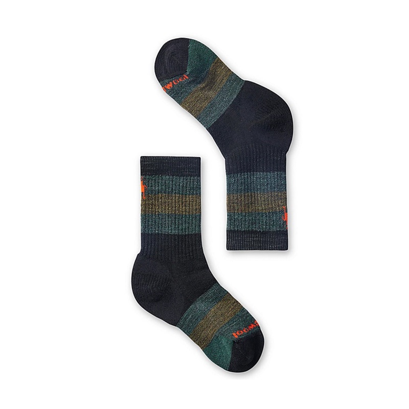 Smartwool Kids’ Hike Full Cushion Striped Crew Socks – Black/Military Olive