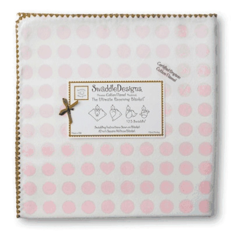 Swaddle Design Ultimate Receiving Blanket Organic Pastel Pink Dots & Hearts with Mocha Trim