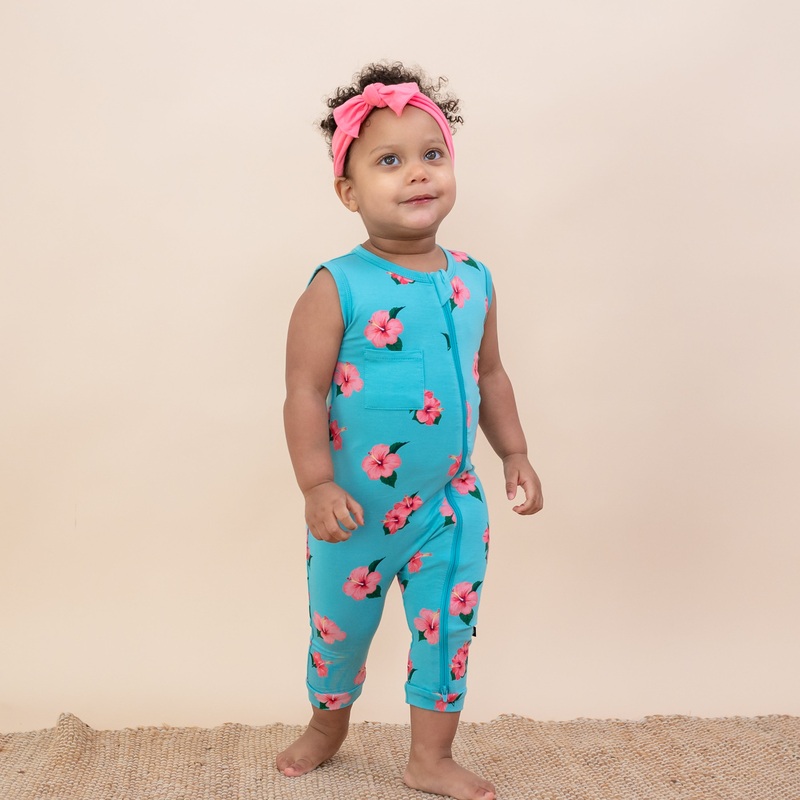 Zippered Sleeveless Romper in Hibiscus