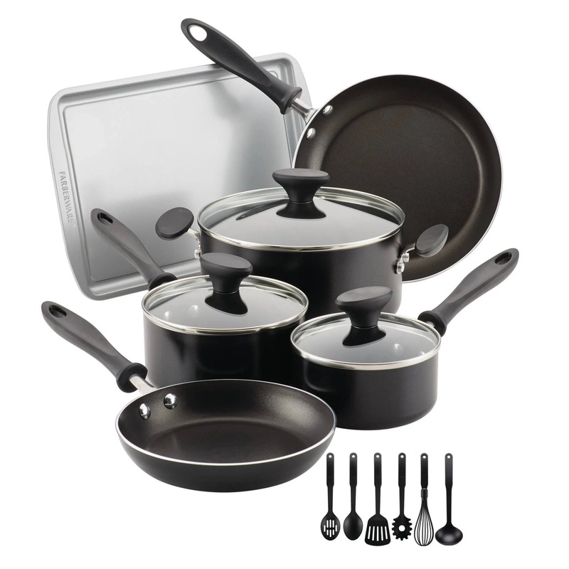 15pc Aluminum Nonstick Cookware Set with Prestige Tools- Black