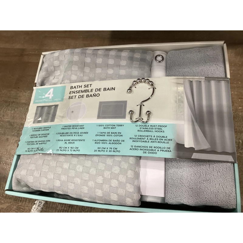 Waffle Texture Shower Curtain Set – 4 Pieces with Liner and Hooks