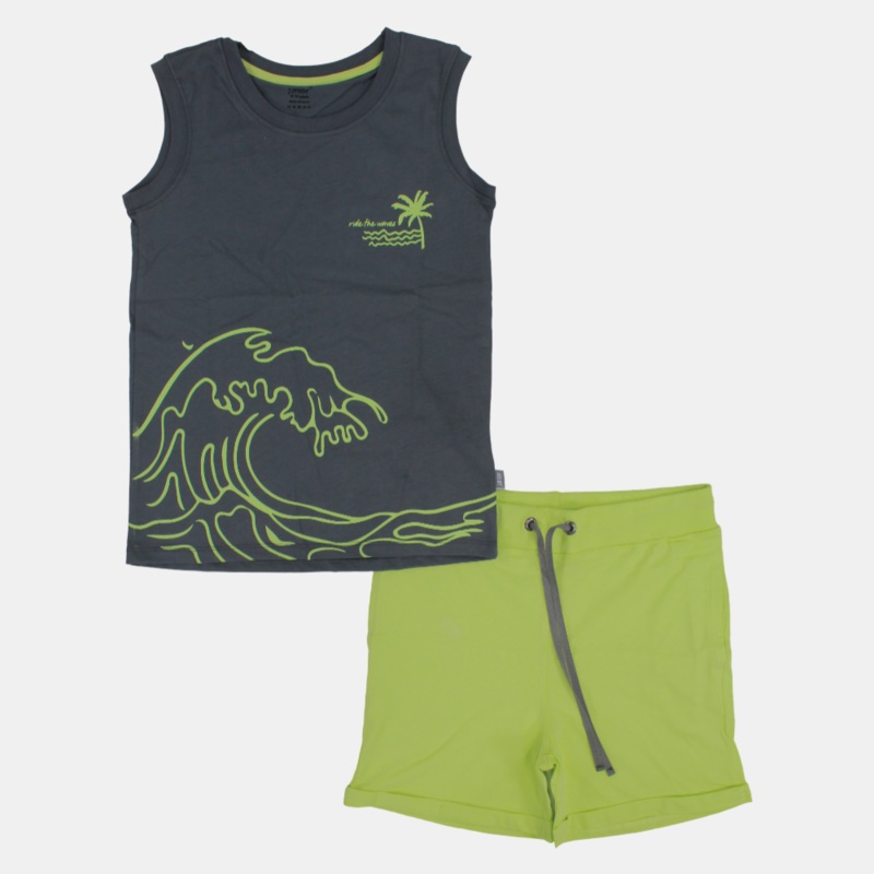 Boys Sleeveless Cotton Pajama Set  Grey/Green (Palm Tree Theme)