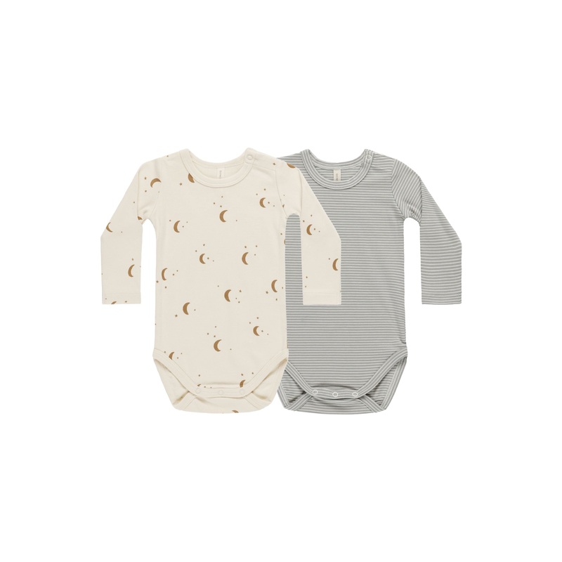 Quincy Mae Jersey Bodysuit 2 Pack – Moons, Blue Micro Stripe
