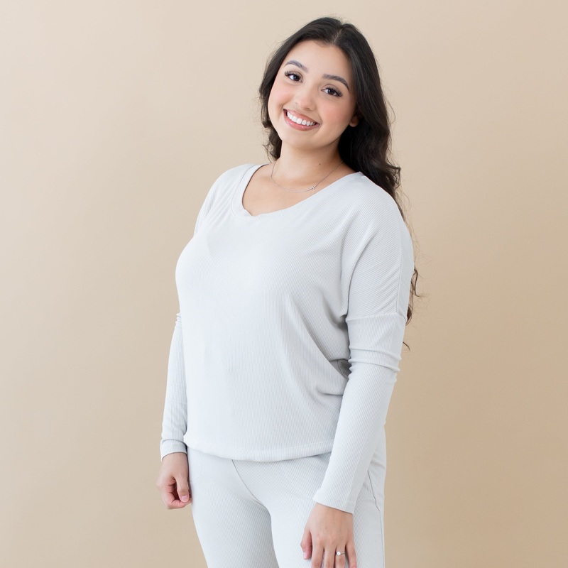 Women’s Ribbed Long Sleeve Drop Shoulder Top in Oat