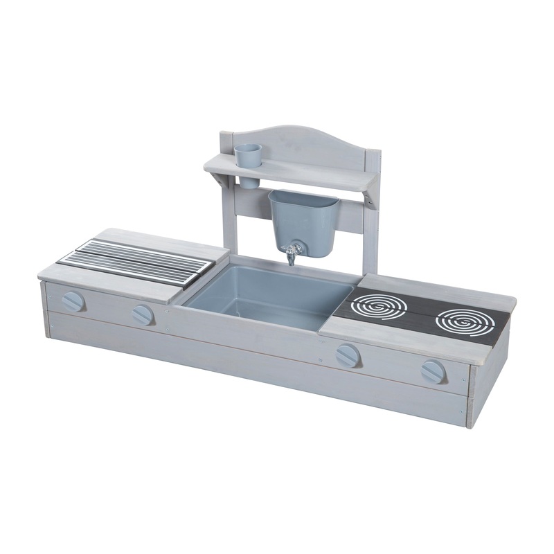 2in1 Balkonsandkasten & Matschkche – FSC-zertifiziert – Grau lasiertes Massivholz