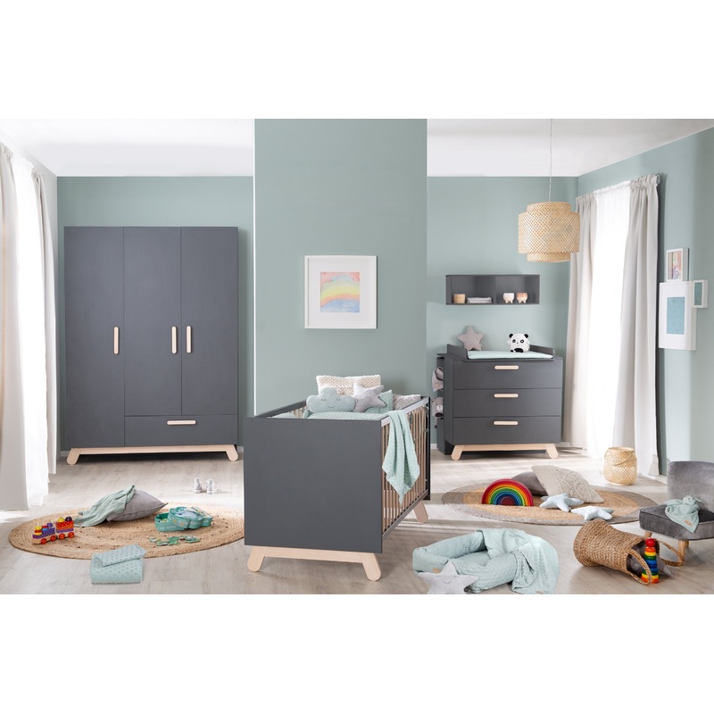 Zimmerset ‘Jara’ anthrazit, inkl. Kombi-Bett, Wickelkommode & 3-trigem Schrank