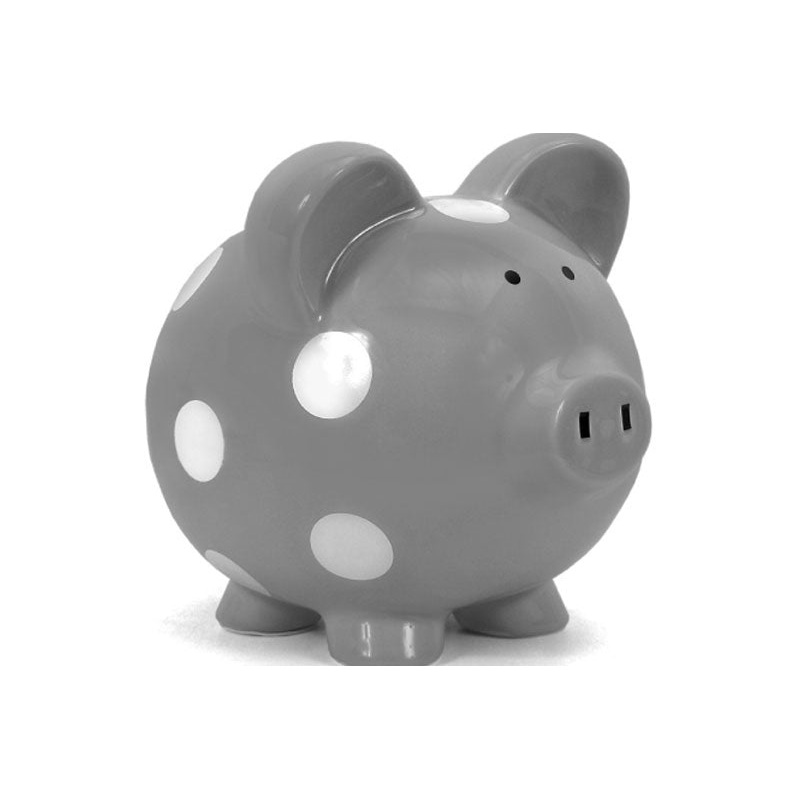Child to Cherish Grey With White Dots Piggy Bank
