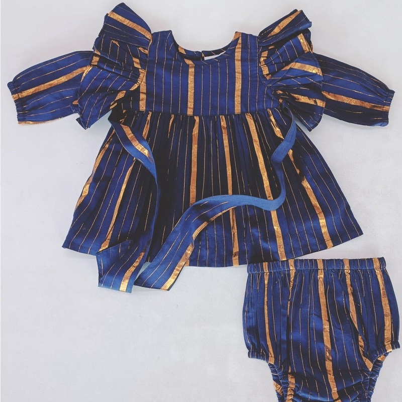 Navy Lurex Ruffle Long Sleeve Dress & Diaper Cover Set