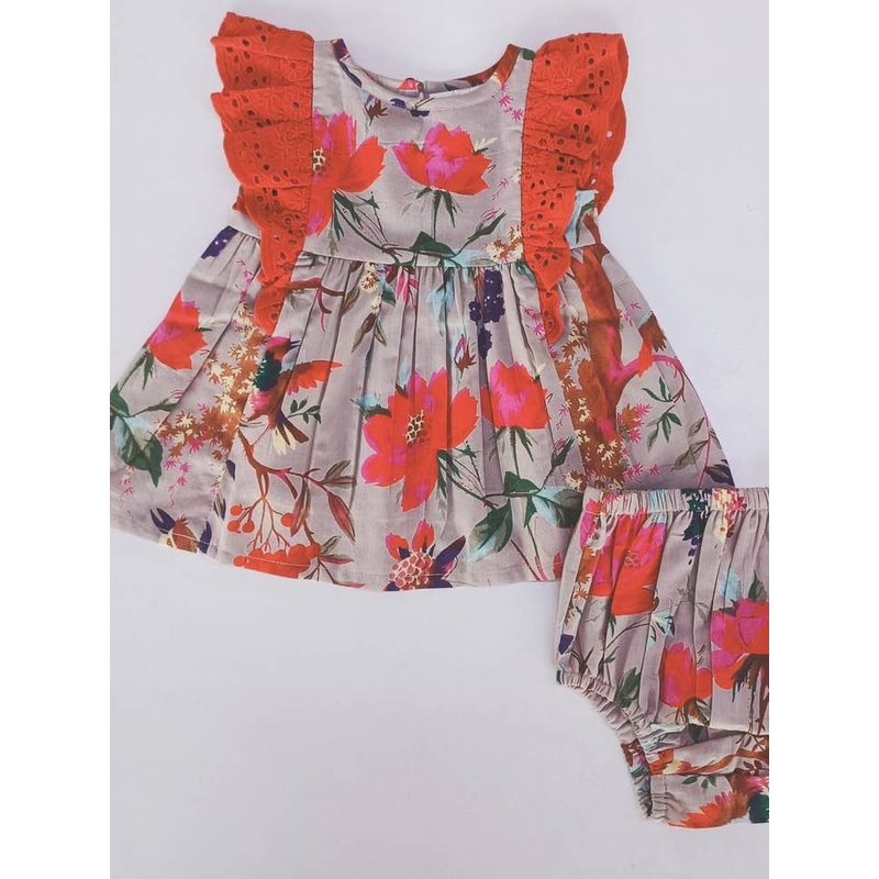 Bird Print Flutter Sleeves Dress w/ Bloomer