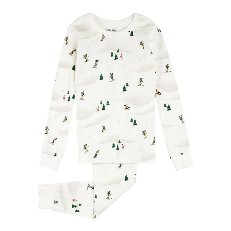 Petit Lem 2-Piece Organic Cotton Ribbed Pajama Set in Winter Fun on Off-White