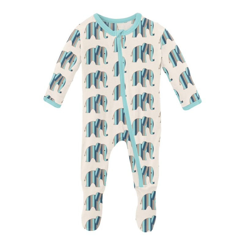 PRINT FOOTIE WITH ZIPPER – NATURAL ELEPHANT STRIPE